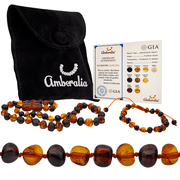 Amberalia Set of Adult Amber Necklace 17.7" (45cm) and Adjustable knotted Amber Bracelet (6.3" + 3.5") Genuine Baltic Amber, Lab Tested Cherry/Cognac
