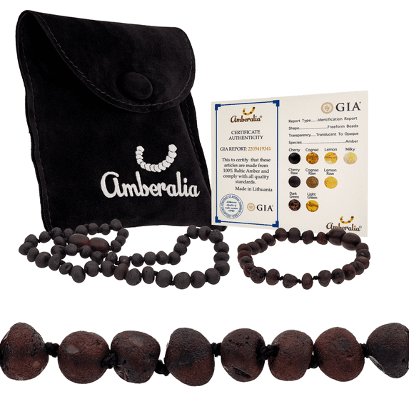 Amberalia Set of Amber Necklace 13" (33cm) and Amber Bracelet 5.5" (14cm) Genuine Baltic Amber, Lab Tested Raw Cherry