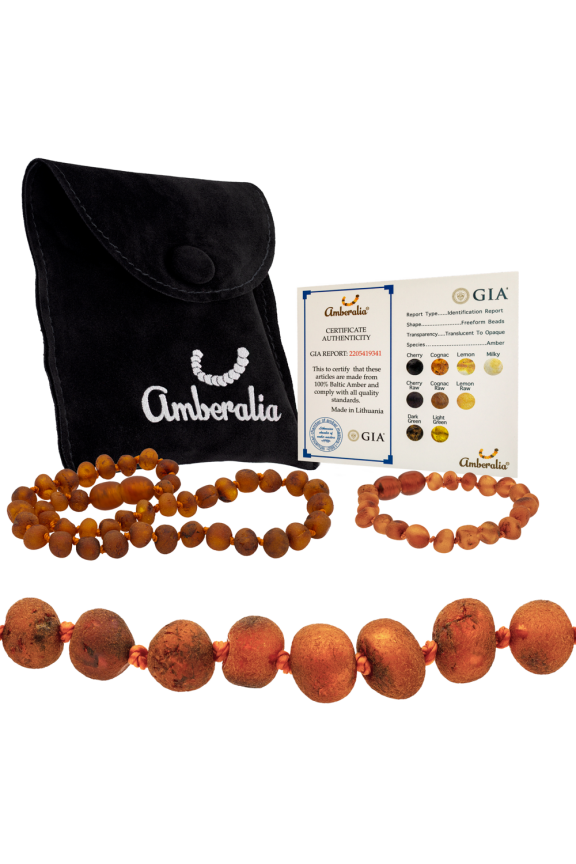 Set of Amber Necklace 13" (33cm) ands Amber Bracelet 5.5" (14cm) Genuine Baltic Amber, Lab Tested Raw Cognac