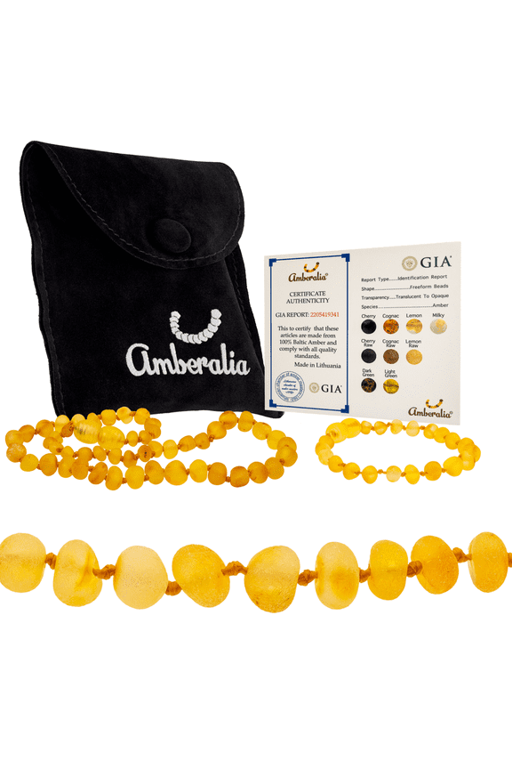 Set of Amber Necklace 13" (33cm) ands Amber Bracelet 5.5" (14cm) Genuine Baltic Amber, Lab Tested Raw Lemon