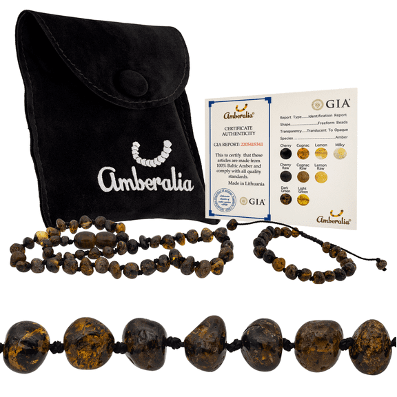 Amberalia Set of AmberNecklace 13" (33cm) and AmberAdjustable Bracelet 4.7"+2.3" (12cm+4cm) Genuine Baltic Amber, Lab Tested Dark Green