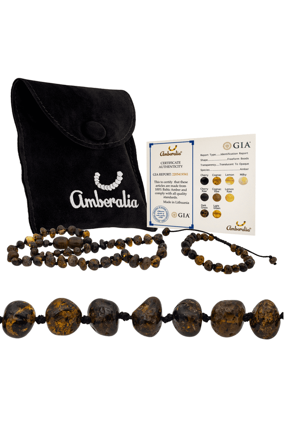 Set of AmberNecklace 13" (33cm) and AmberAdjustable Bracelet 4.7"+2.3" (12cm+4cm) Genuine Baltic Amber, Lab Tested Dark Green