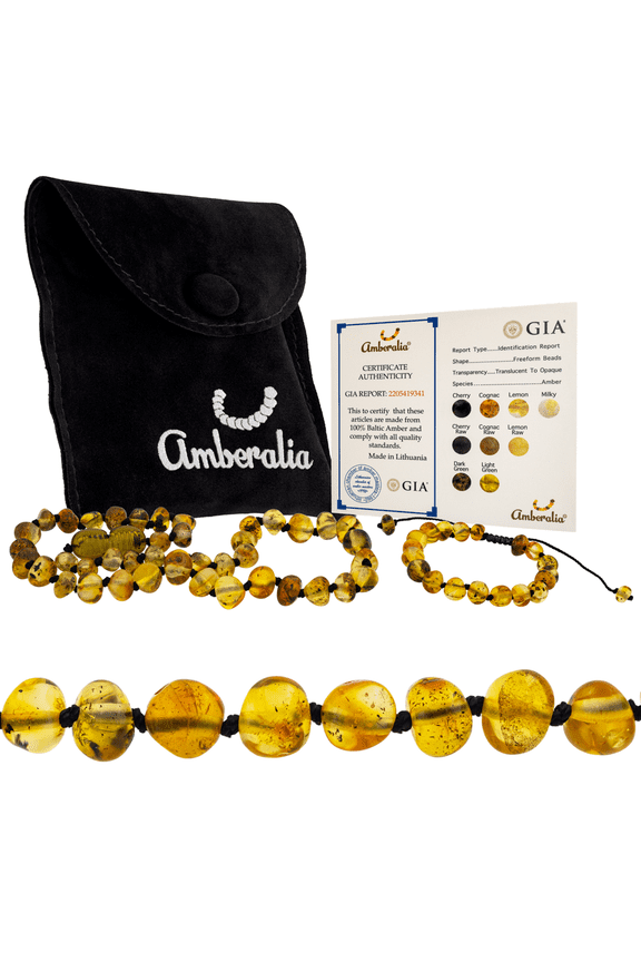 Set of AmberNecklace 13" (33cm) and AmberAdjustable Bracelet 4.7"+2.3" (12cm+4cm) Genuine Baltic Amber, Lab Tested Light Green Black Thread