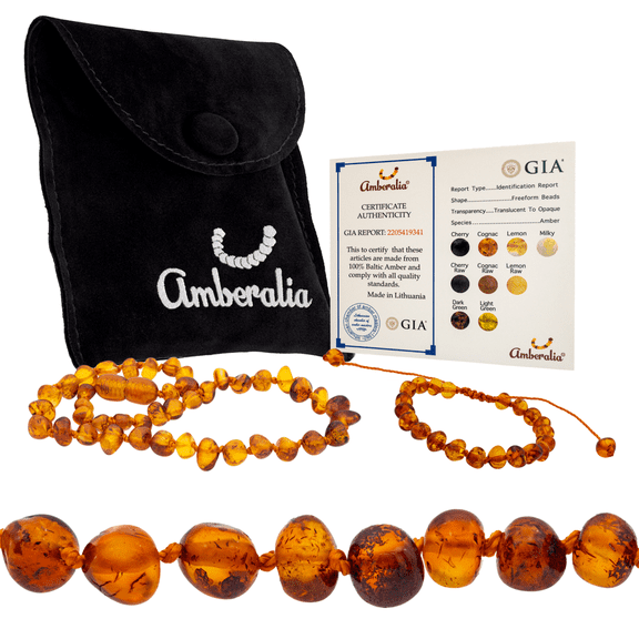 Amberalia Set of AmberNecklace 13" (33cm) and AmberAdjustable Bracelet 4.7"+2.3" (12cm+4cm) Genuine Baltic Amber, Lab Tested Polish Cognac
