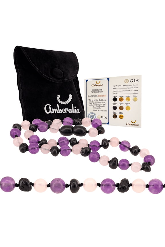 knotted Baltic Amber Necklace with Amethyst, GIA Certificated - for natural remedies - Boost immune System - Cherry-Quartz-Amethyst 12.5”