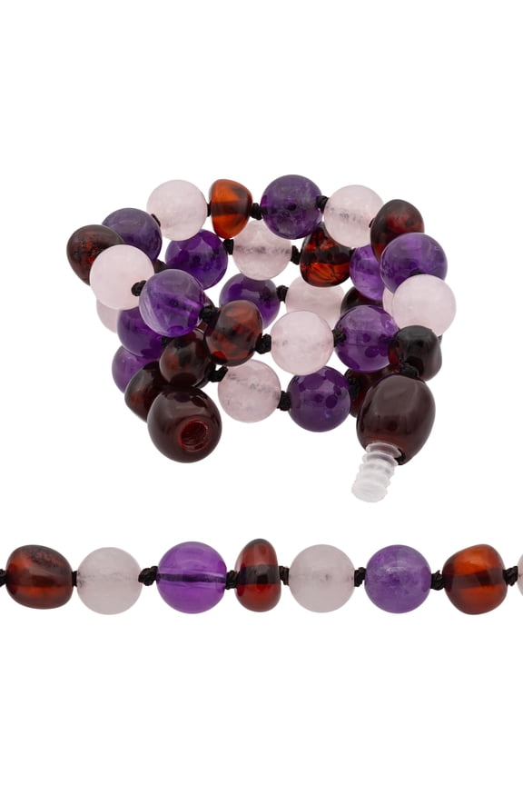 knotted Baltic Amber Necklace with Amethyst, GIA Certificated - for natural remedies - Boost immune System - Cherry-Quartz-Amethyst 12.5"