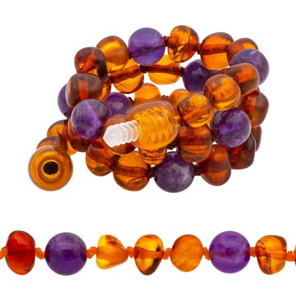 Amberalia knotted Baltic Amber Necklace with Amethyst, GIA Certificated - for natural remedies - Boost immune System - Cognac-Amethyst 17.7”