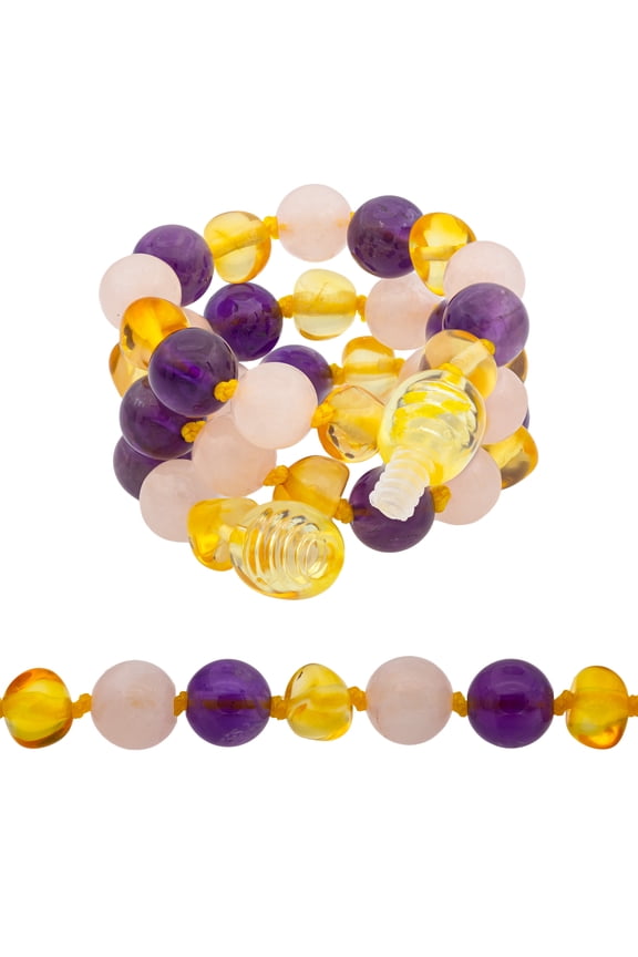 knotted Baltic Amber Necklace with Amethyst, GIA Certificated - for natural remedies - Boost immune System - Lemon-Quartz-Amethyst 17.7”