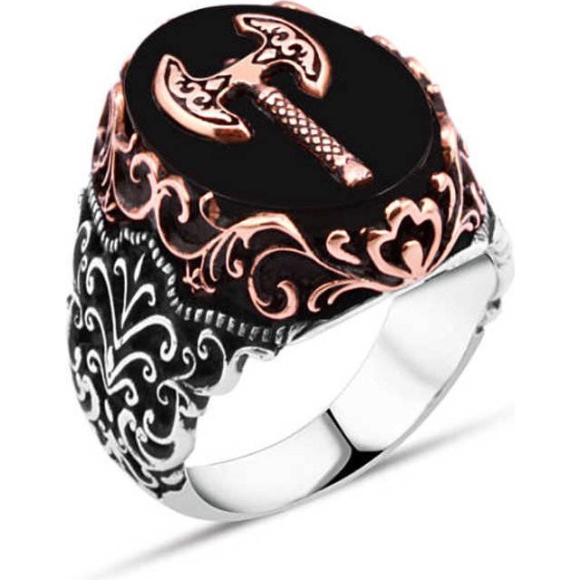 Amberkan Onyx Stone Double Headed Ax Men's Ring