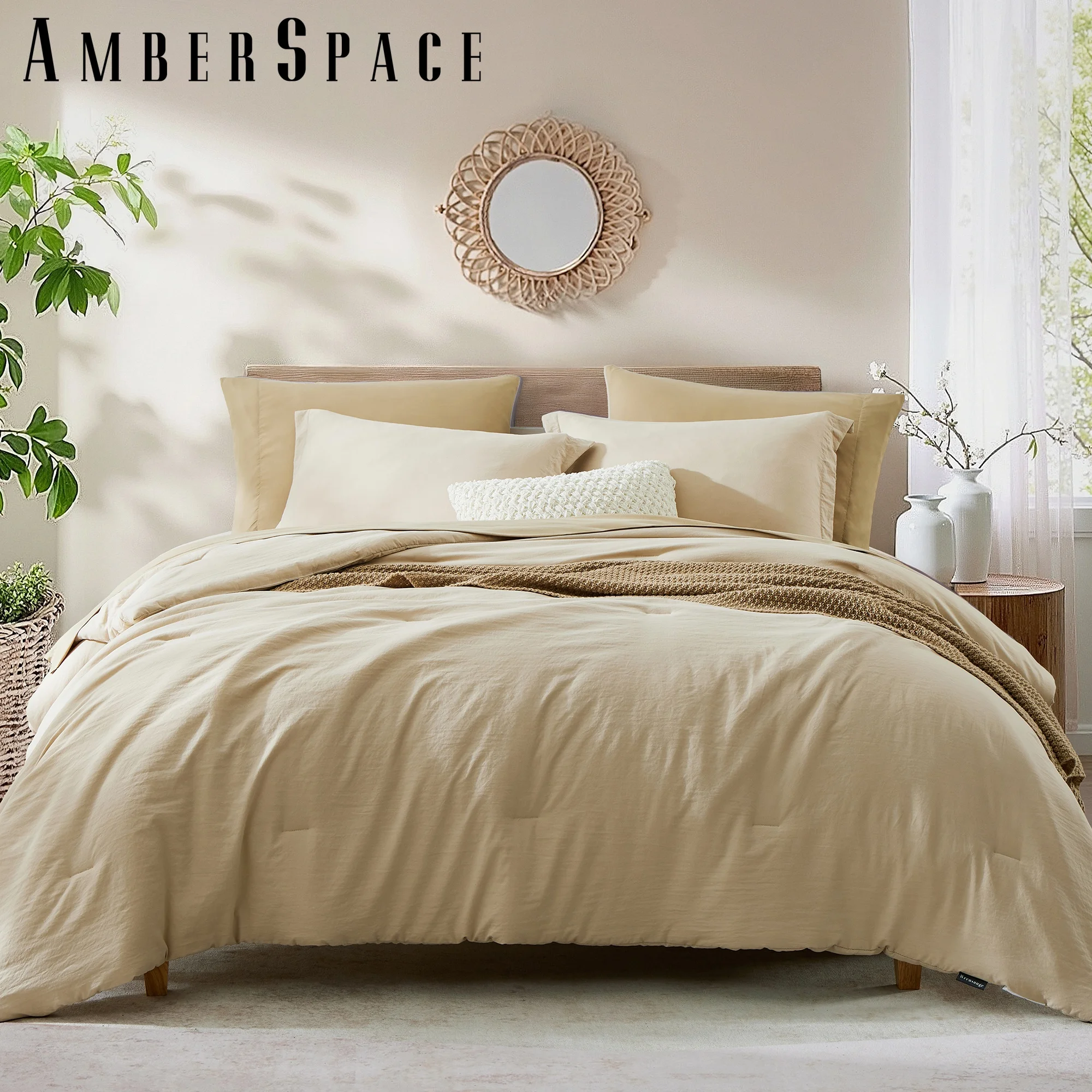 Amberspace Prewashed fabric 5-piece Bed in a Bag Comforter Set with Sheets,Beige,Twin-XL