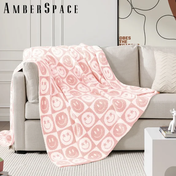 Amberspace Blossom Smiling Face Knit Throw,Checkered Pink Smile,50"*60"