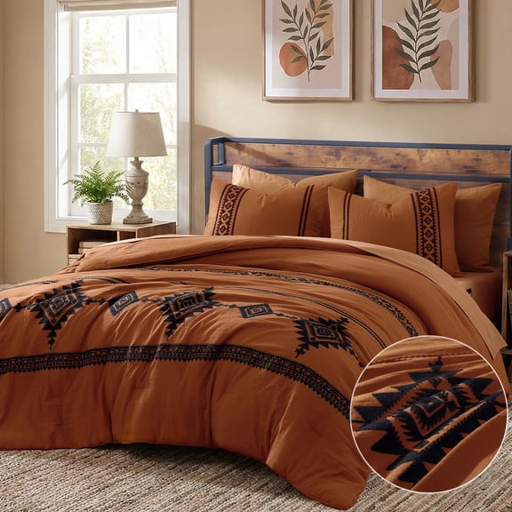Amberspace Embroidery 7-piece Bed in a Bag Queen Comforter Set with Sheets,Burnt Orange