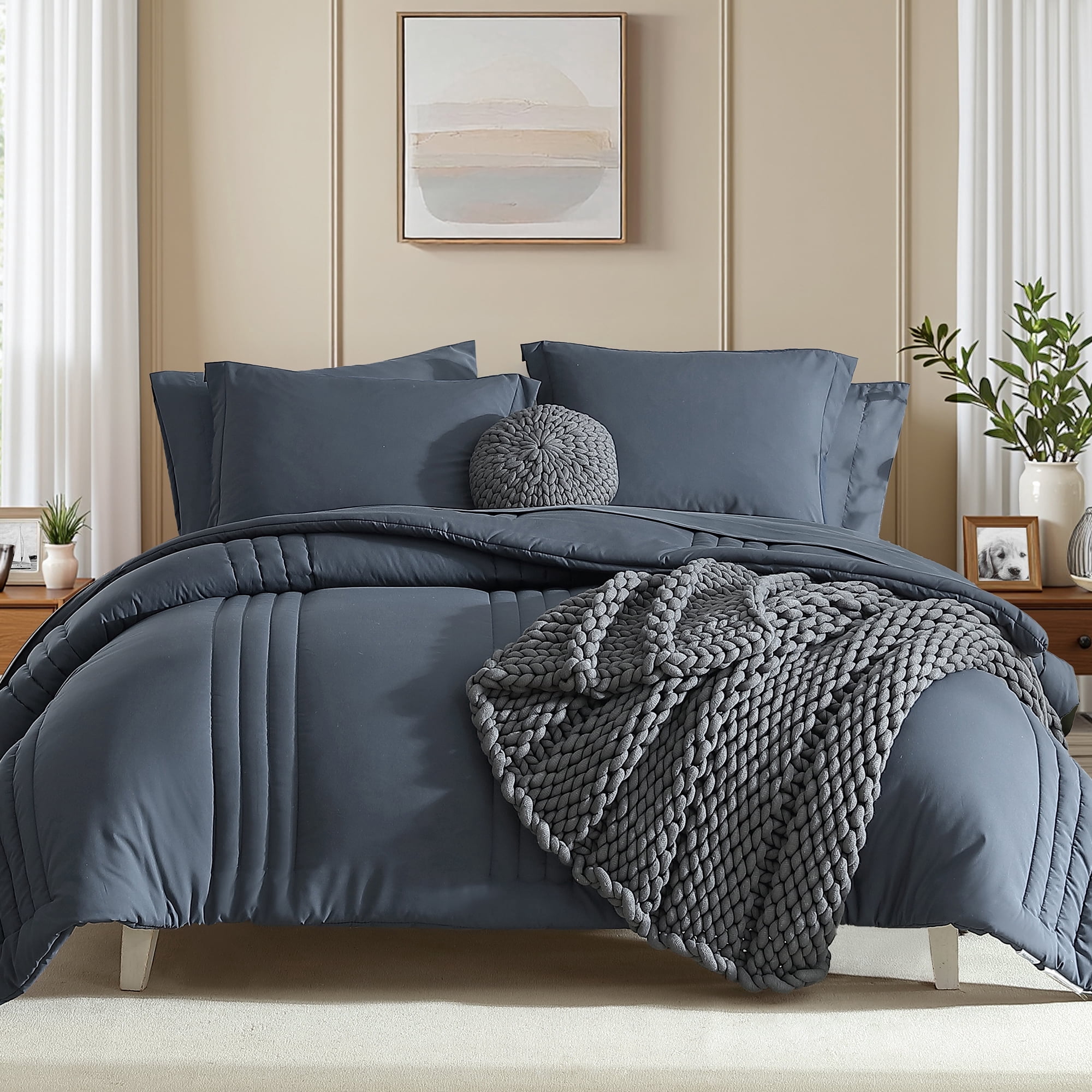 Amberspace 7-piece Bed in a Bag Comforter Set with Sheets,Blue Gray,Full