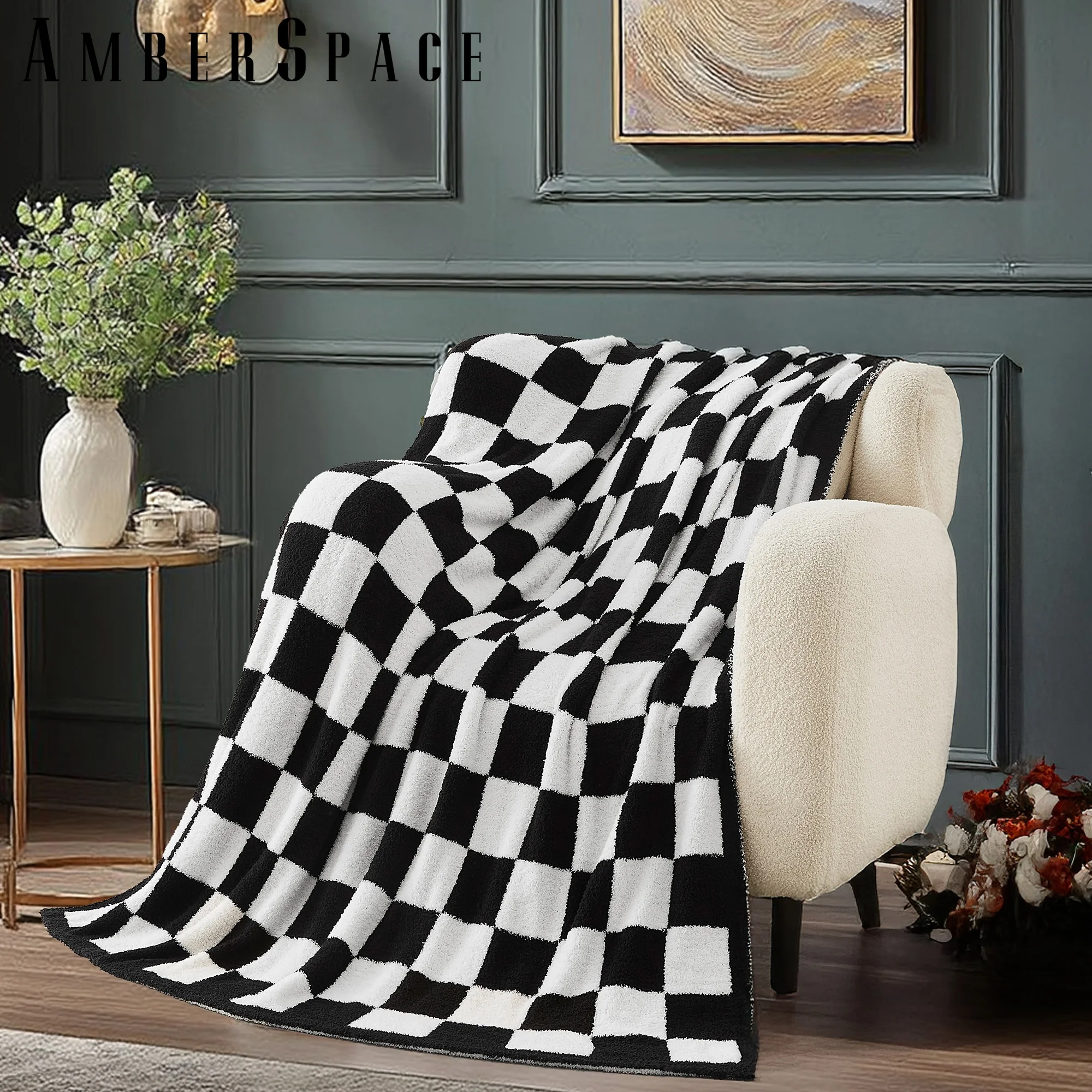 Amberspace Checkered Knit Throw,Black White,50"*70"