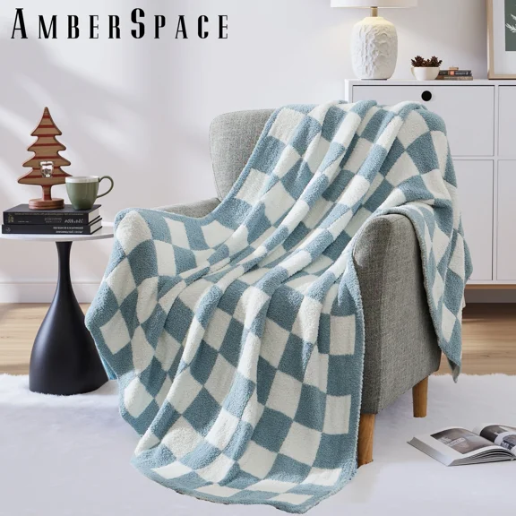 Amberspace Checkered Knit Throw,Grey Blue Checkered,50"*70"