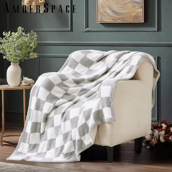 Amberspace Checkered Knit Throw,Light Grey,50"*70"