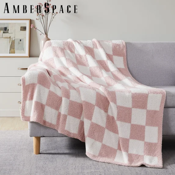 Amberspace Checkered Knit Throw,Pink,50"*70"