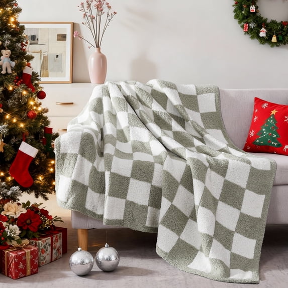 Amberspace Checkered Knit Throw,Sage Green,50"*70"