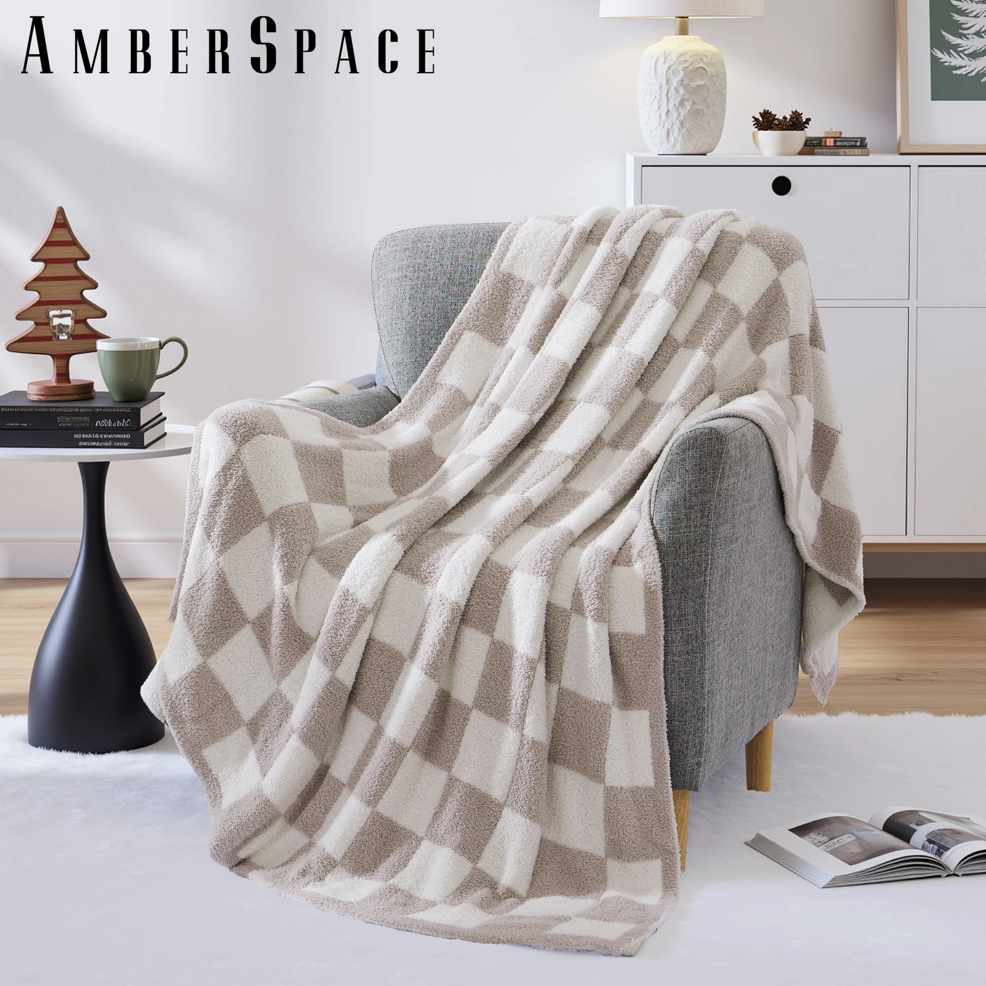 Amberspace Checkered Knit Throw,Taupe Checkered,50"*70"