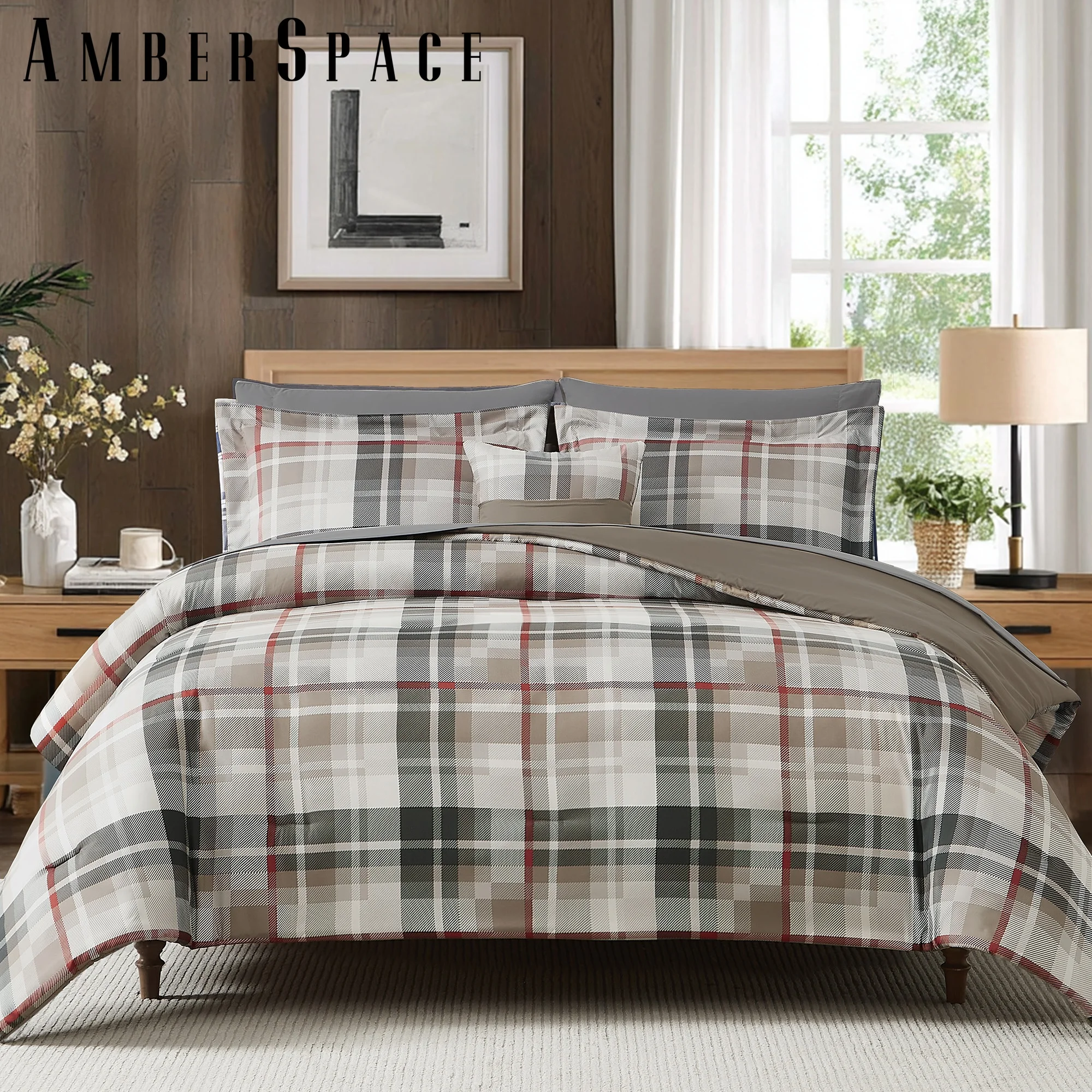 Amberspace Plaid Design 7-piece Bed in a Bag Comforter Set with Sheets,Khaki,Full