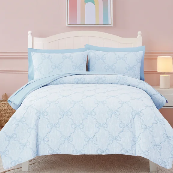 Amberspace Diamond Bow Design 5-piece Bed in a Bag Comforter Set with Sheets,Light Blue,Twin