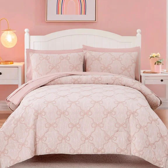 Amberspace Diamond Bow Design 5-piece Bed in a Bag Comforter Set with Sheets,Pink,Twin