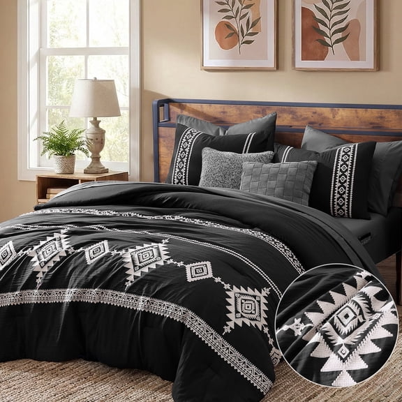 Amberspace Embroidery 7-piece Bed in a Bag King Comforter Set with Sheets,Black