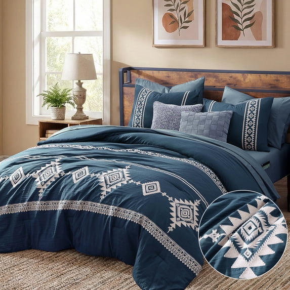 Amberspace Embroidery 7-piece Bed in a Bag Comforter Set with Sheets,Navy,King