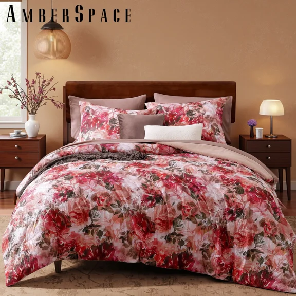Amberspace Floral 7-piece Bed in a Bag Full Comforter Set with Sheets,Red Rose