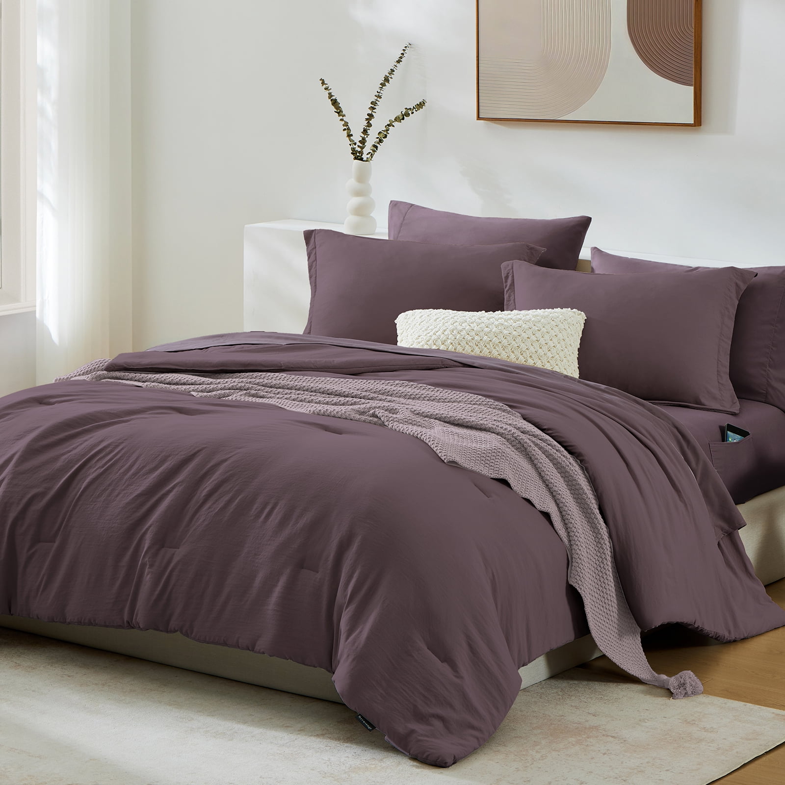 Amberspace Prewashed fabric 7-piece Bed in a Bag Comforter Set with Sheets,Dark purple,Full