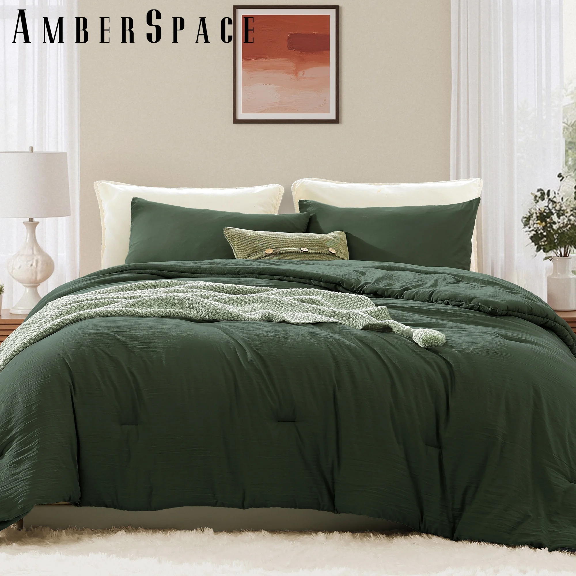 Amberspace Prewashed fabric 3-piece Bed in a Bag Comforter Set with Sheets,Deep Green,Full