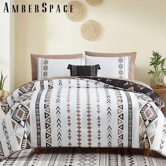 Amberspace Boho 7-piece Bed in a Bag Comforter Set with Sheets,Brown,King