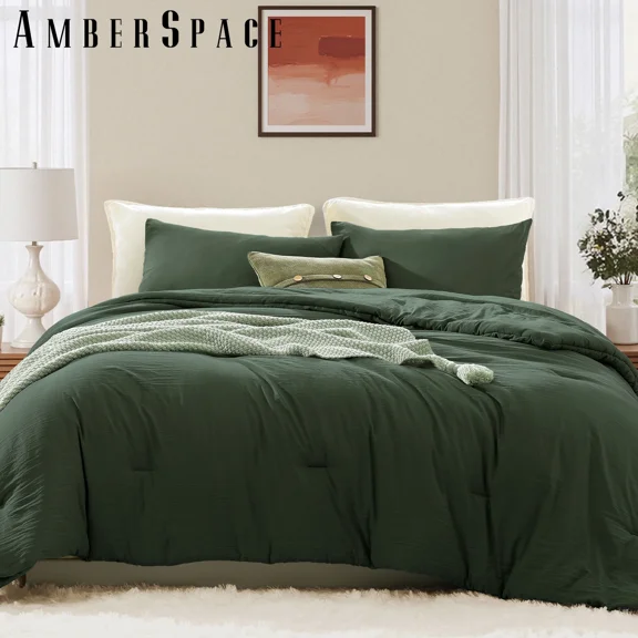 Amberspace Prewashed fabric 3-piece Bed in a Bag Comforter Set with Sheets,Deep Green,King