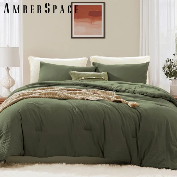 Amberspace Prewashed fabric 3-piece Bed in a Bag Comforter Set with Sheets,Olive Green,King