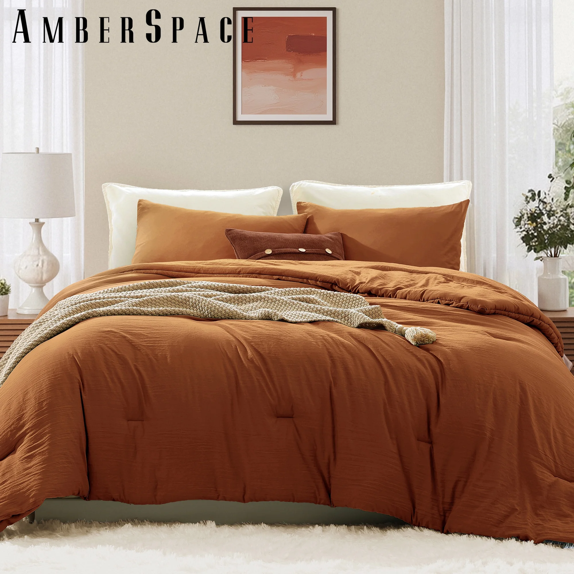 Amberspace Prewashed fabric 3-piece Bed in a Bag Comforter Set with Sheets,Burnt Orange,King
