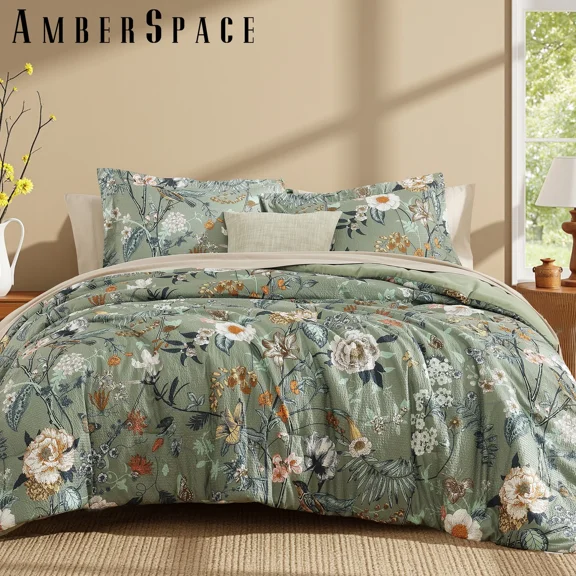 Amberspace Floral 7-piece Bed in a Bag King Comforter Set with Sheets,Green Butterfly&floral