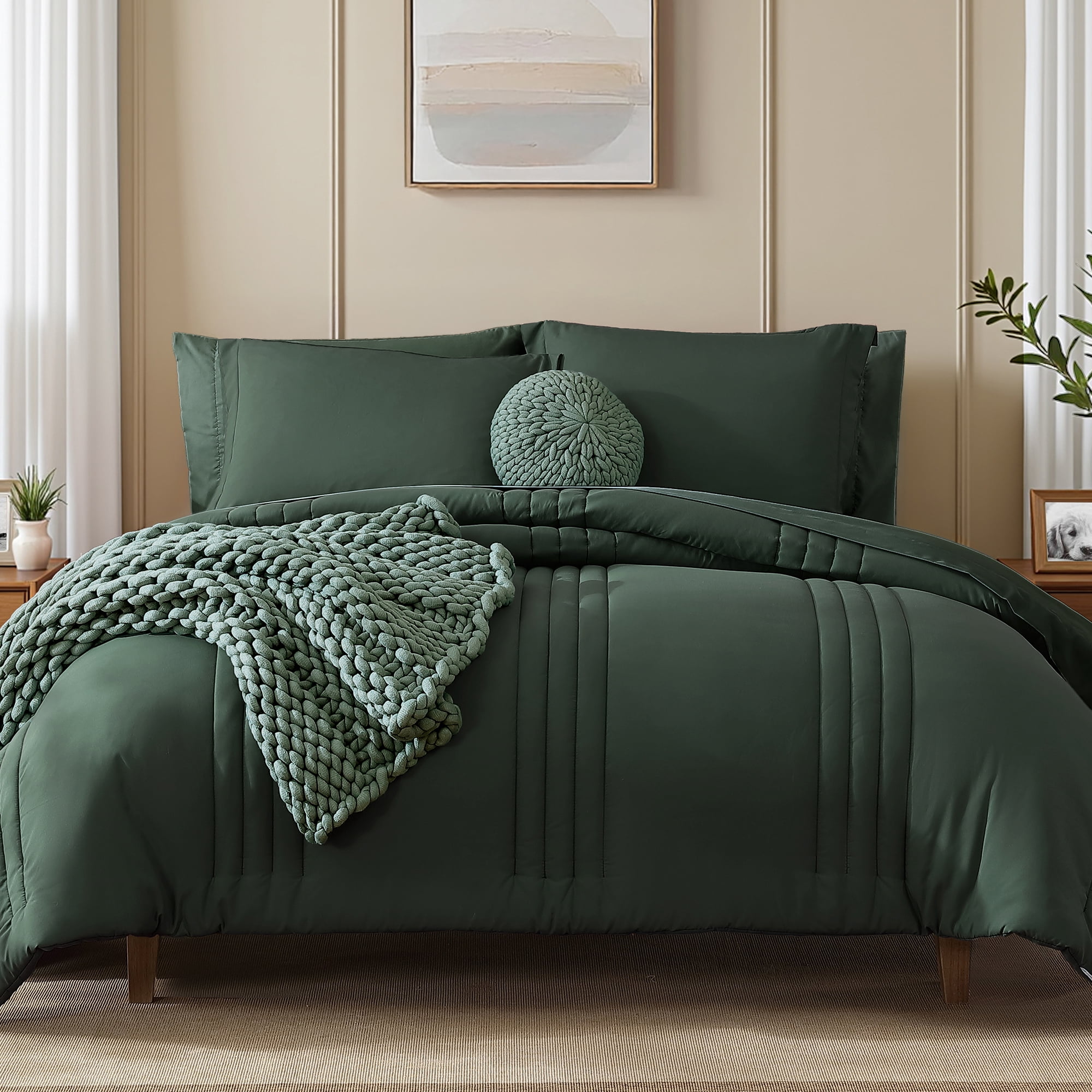 Amberspace 7-piece Bed in a Bag Comforter Set with Sheets,Dark Green,King