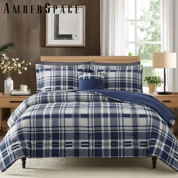 Amberspace Plaid Design 7-piece Bed in a Bag Comforter Set with Sheets,Navy Blue,Queen