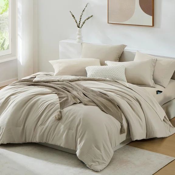 Amberspace Prewashed fabric 7-piece Bed in a Bag Comforter Set with Sheets,Light Oatmeal,Oversized King