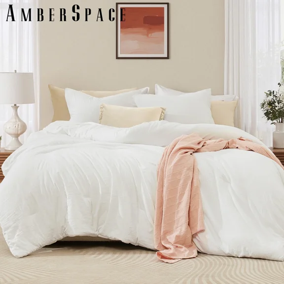 Amberspace Prewashed fabric 3-piece Bed in a Bag Comforter Set with Sheets,Arctic White,Queen
