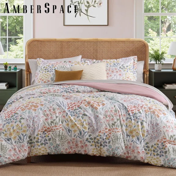 Amberspace Floral 7-piece Bed in a Bag Queen Comforter Set with Sheets,Pinkish Purple Wildflorwer