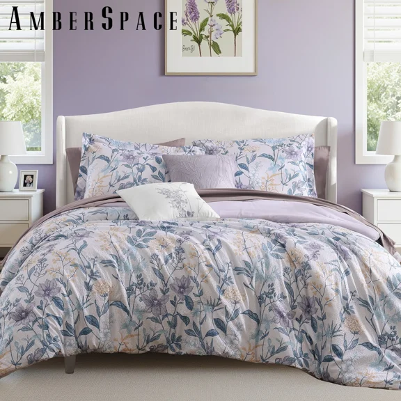Amberspace Floral 7-Piece Bed in a Bag Queen Comforter Set with Sheets,Purple Iris
