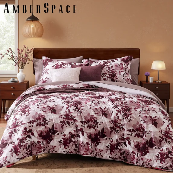 Amberspace Floral 7-piece Bed in a Bag Queen Comforter Set with Sheets,Purple Willow Leaf
