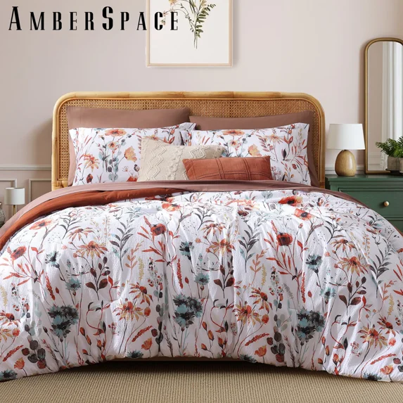 Amberspace Floral 7-piece Bed in a Bag Queen Comforter Set with Sheets,Terracotta & White