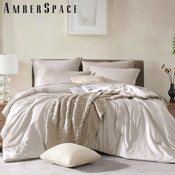 Amberspace Cationic Dyeing 7-piece Bed in a Bag Comforter Set with Sheets,Oatmeal Beige,Queen