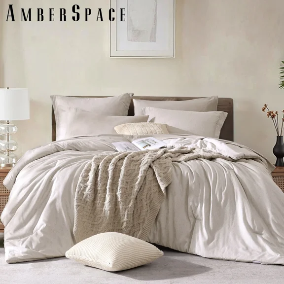 Amberspace Cationic Dyeing 7-piece Bed in a Bag Comforter Set with Sheets,Oatmeal Beige,Queen