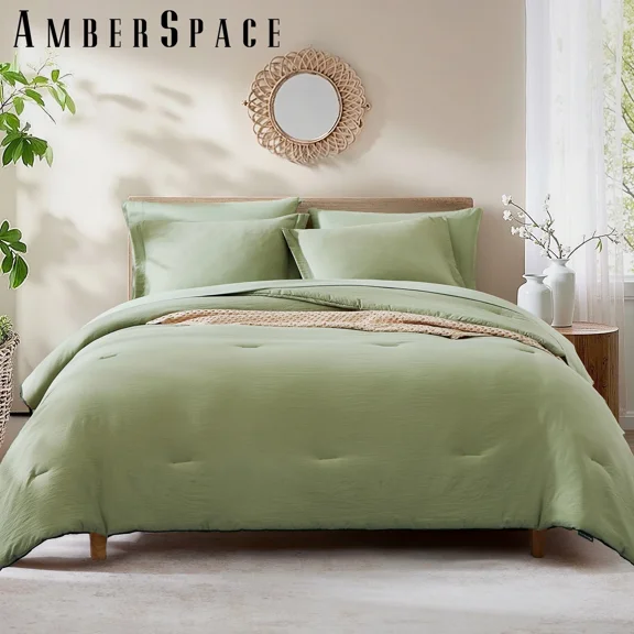 Amberspace Prewashed fabric 7-piece Bed in a Bag Comforter Set with Sheets,Sage green,Queen