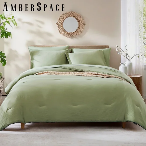 Amberspace Prewashed fabric 7-piece Bed in a Bag Comforter Set with Sheets,Sage green,Queen