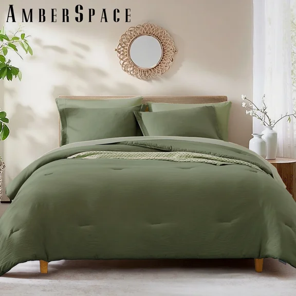 Amberspace Prewashed fabric 7-piece Bed in a Bag Comforter Set with Sheets,Olive Green,Queen