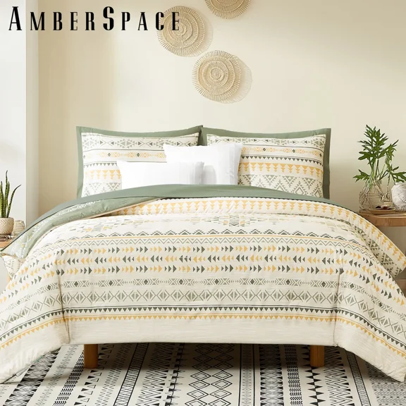 Amberspace Boho 7-piece Bed in a Bag Comforter Set with Sheets,Olive Green,Queen